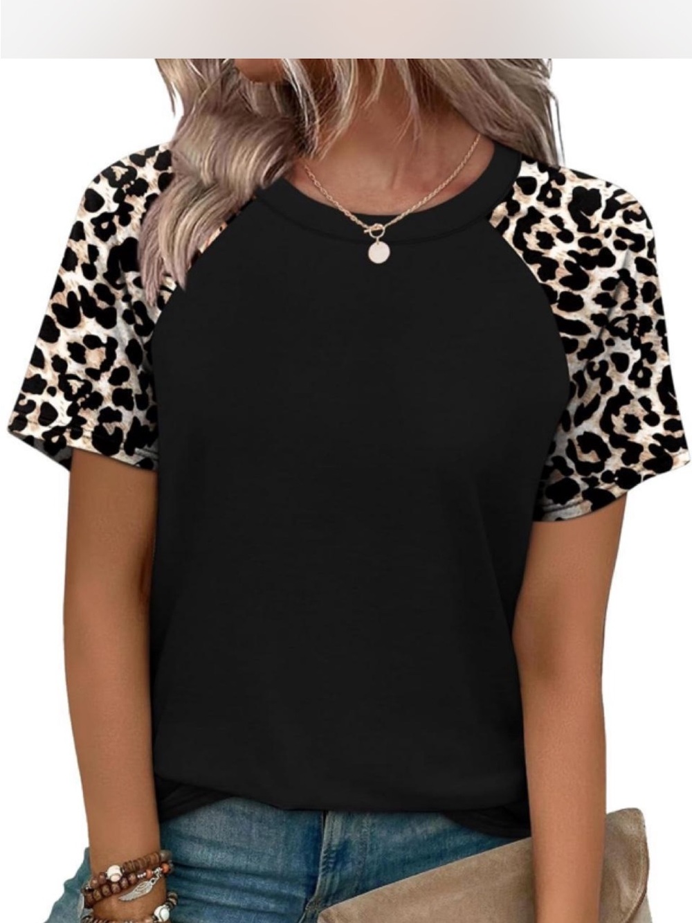 Leopard Sleeve Black Women's Raglan Tee